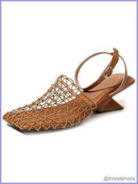 Fishnet Wedge Sandals Faux Leather Slingback Closed Square Toe Ankle Strap